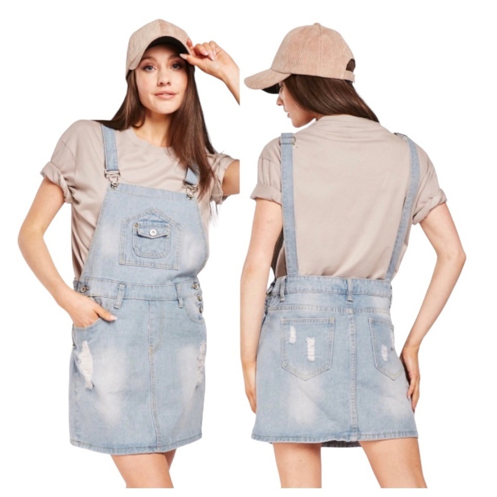 NWT CHERRY KOKO Distressed Denim Overall Pinafore Dress Blue Small S